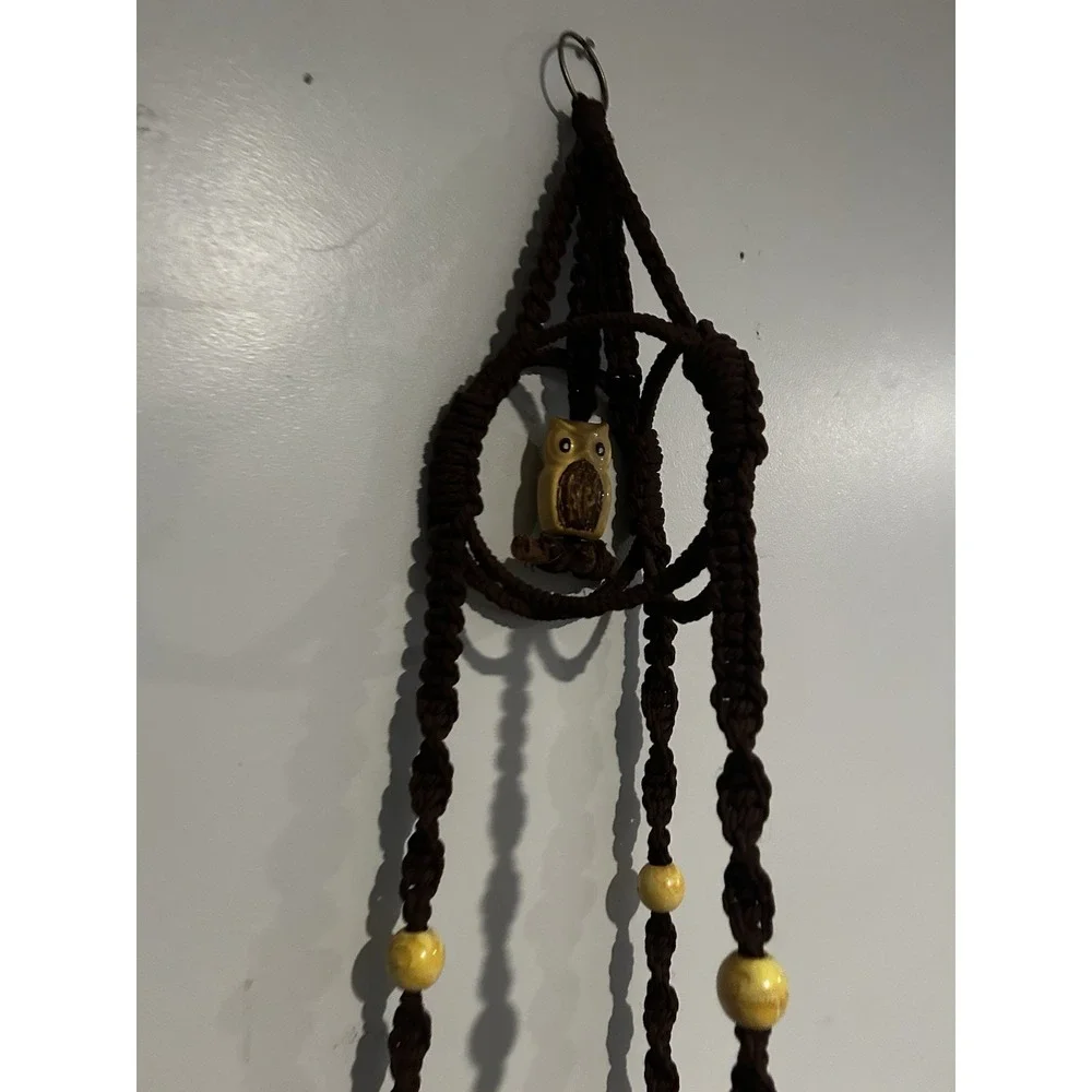 70's‎ Macrame Hanging Plant Holder Ceramic Owl Boho Beads Hippie 58